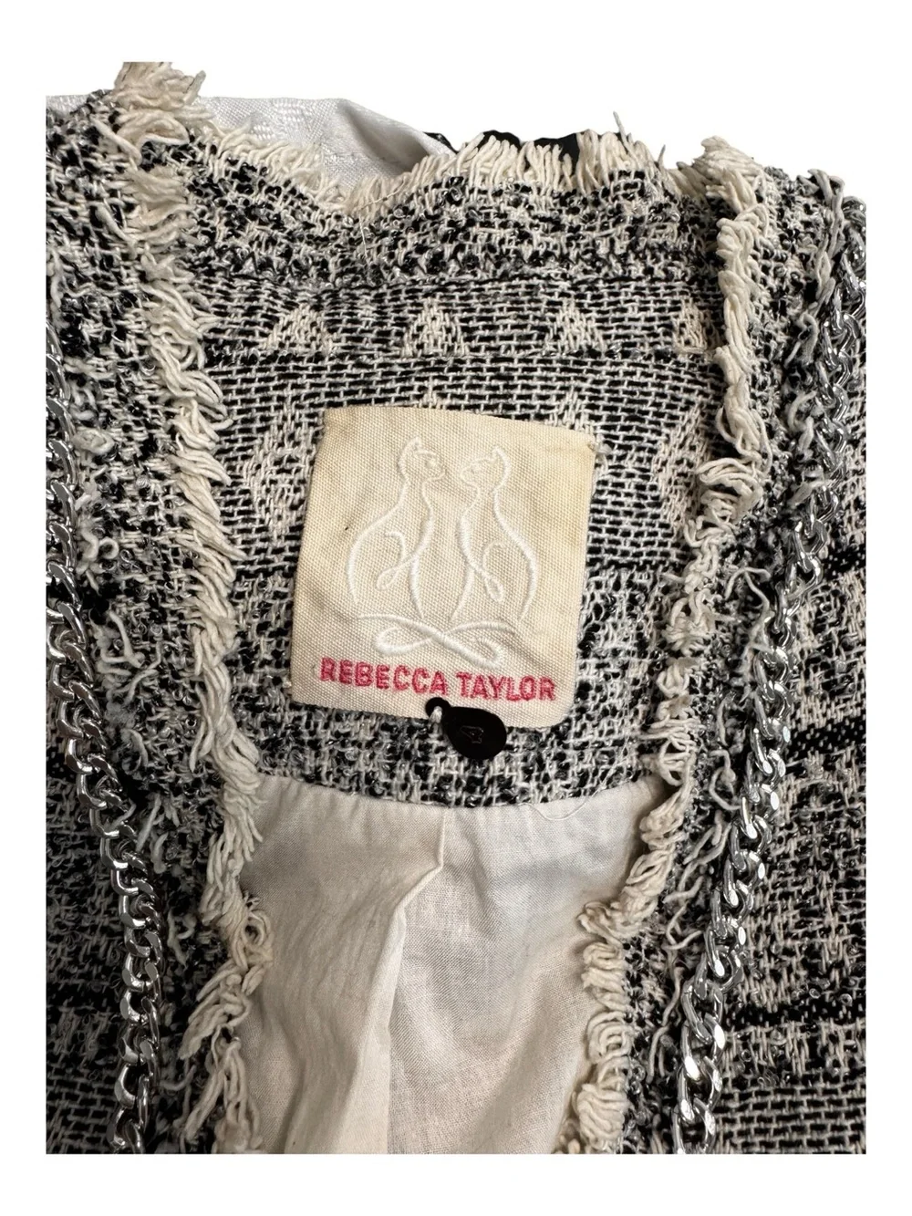 Rebecca Taylor Black White Tweed Chain Trim Raw Fringe Peplum Blazer Jacket S